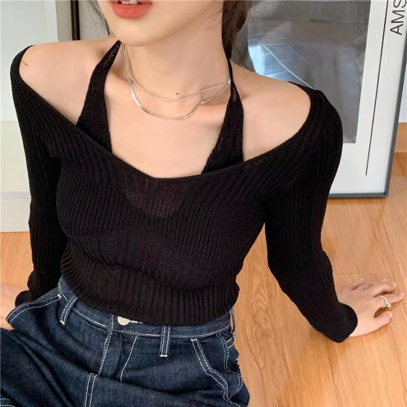 Fake Two-Piece T-Shirt Long Sleeve Halter Black Tops Knit Slim Sweater Tops Women Autumn Spring Sexy Female Tee Tops