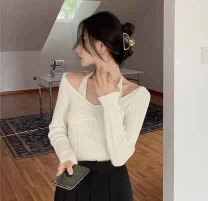 Fake Two-Piece T-Shirt Long Sleeve Halter Black Tops Knit Slim Sweater Tops Women Autumn Spring Sexy Female Tee Tops