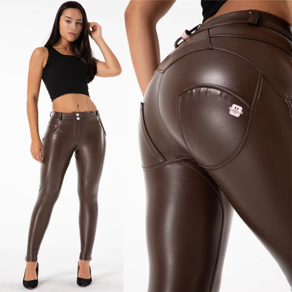 Melody Brown Leather Pants Vintage Trausers Women Leggings Pvc Sexy Comfortable Moto Work Pants Woman Vinyl Trousers