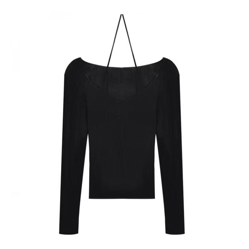 Fake Two-Piece T-Shirt Long Sleeve Halter Black Tops Knit Slim Sweater Tops Women Autumn Spring Sexy Female Tee Tops