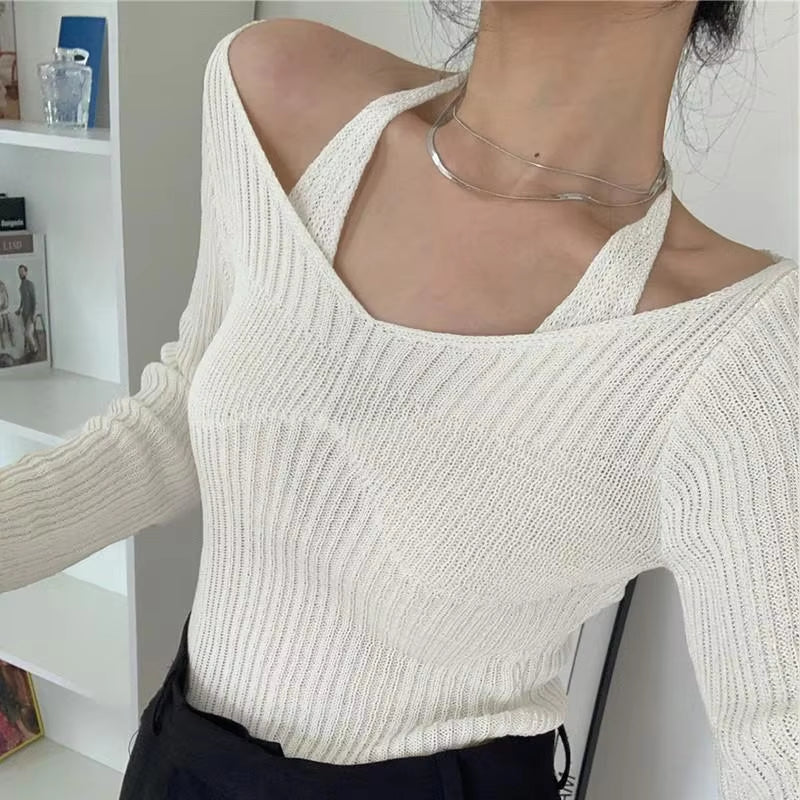 Fake Two-Piece T-Shirt Long Sleeve Halter Black Tops Knit Slim Sweater Tops Women Autumn Spring Sexy Female Tee Tops