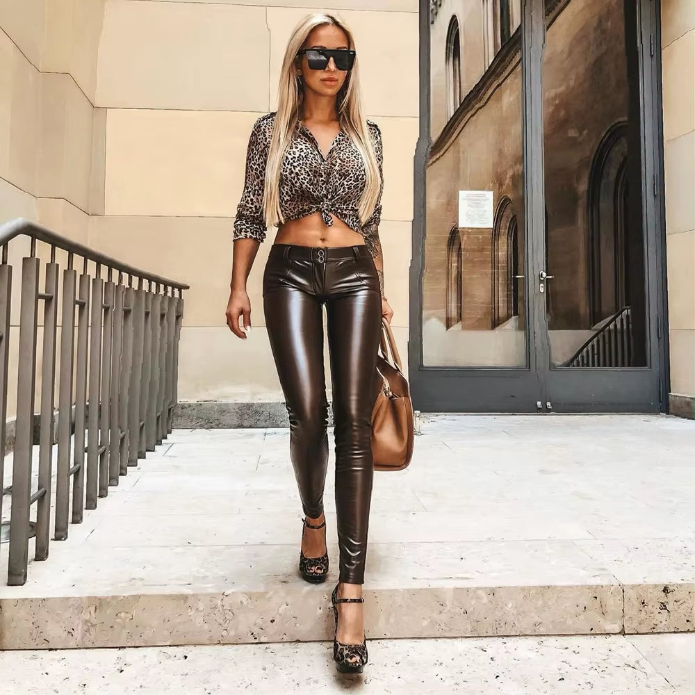 Melody Brown Leather Pants Vintage Trausers Women Leggings Pvc Sexy Comfortable Moto Work Pants Woman Vinyl Trousers