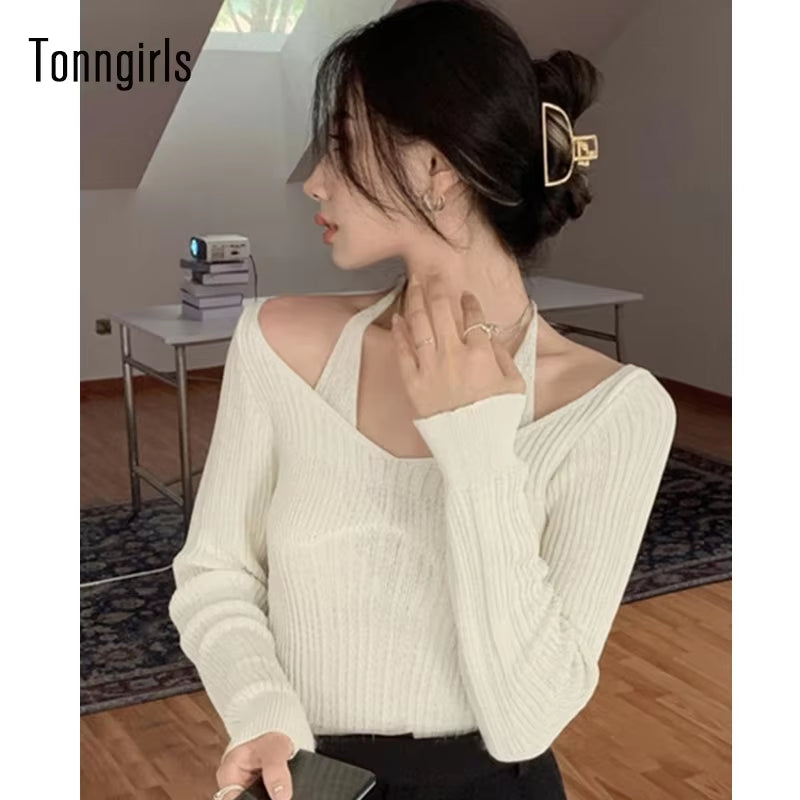 Fake Two-Piece T-Shirt Long Sleeve Halter Black Tops Knit Slim Sweater Tops Women Autumn Spring Sexy Female Tee Tops