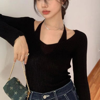 Fake Two-Piece T-Shirt Long Sleeve Halter Black Tops Knit Slim Sweater Tops Women Autumn Spring Sexy Female Tee Tops